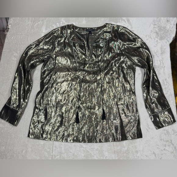 J.Crew Silk Metallic Blend Gold Shimmer Boho Long Sleeves Tunic Blouse Size 8 - Picture 4 of 16